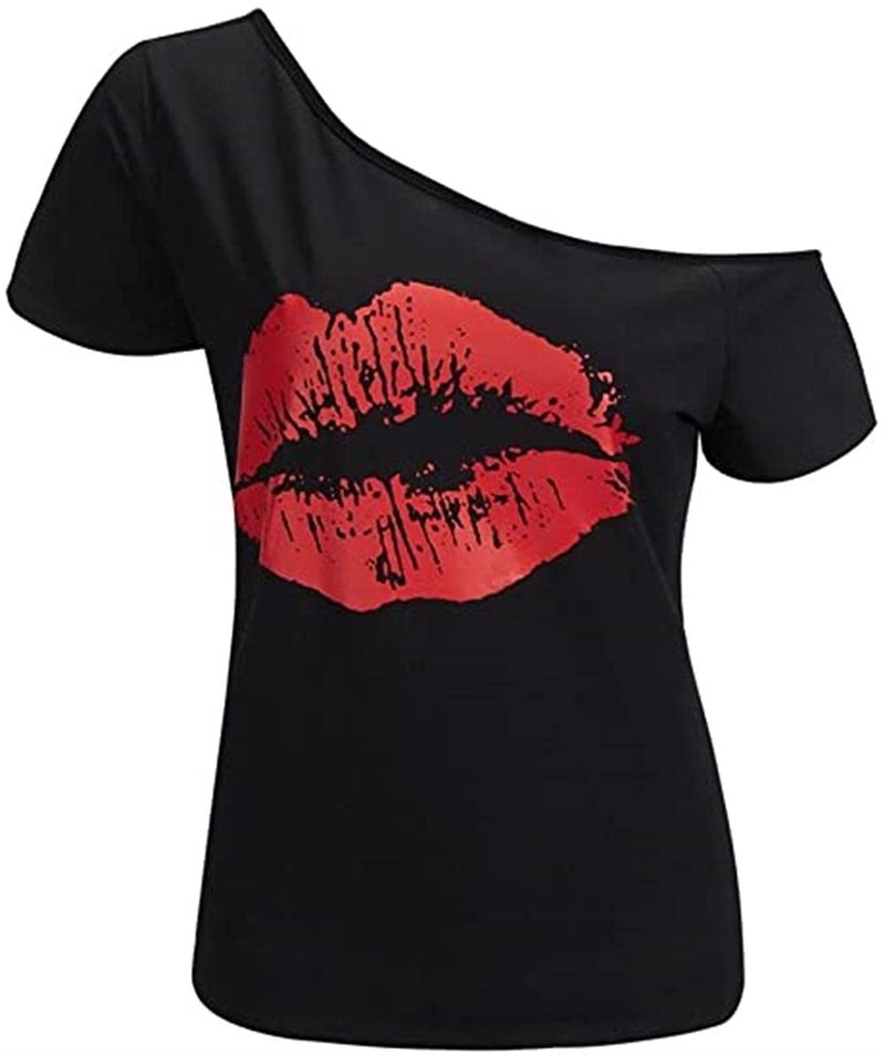 MAGICMK Womanâ€™s Off The Shoulder Lips Top Print Short Sleeve Cotton Sexy Fashion T-Shirt (XXL, Black+Red1) - Image 1